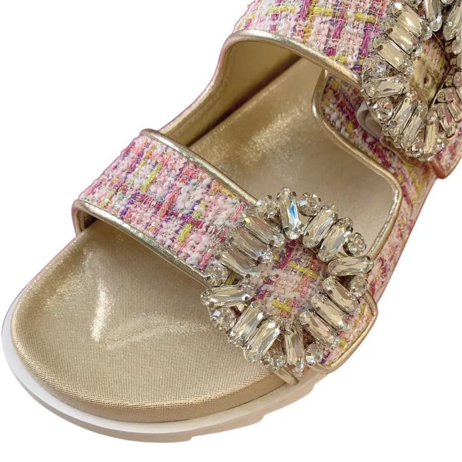 Roger Vivier Slidy Viv' Mules Sandals In Multicolor Woolen Fabric With Crystal Buckle