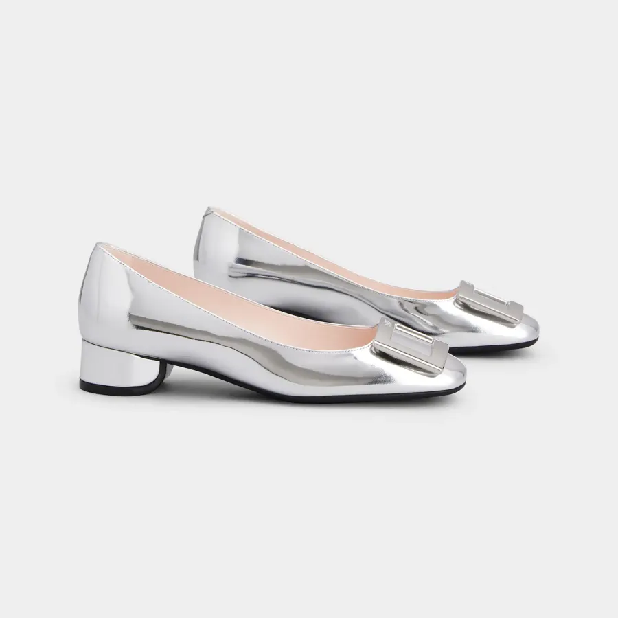 Roger Vivier U Look Ballerinas In Silver Calfskin Leather With Lacquered Buckle (Heel Height 2.5cm)