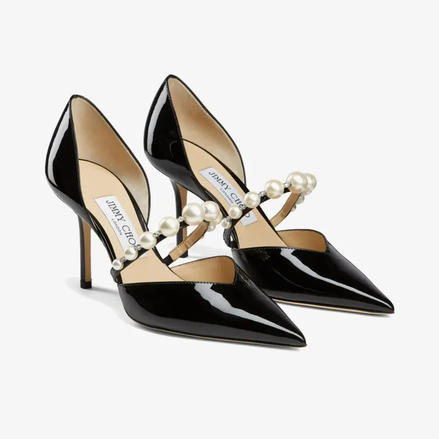 JIMMY CHOO Pearl embellished black lacquered leather pointed high heels shoes