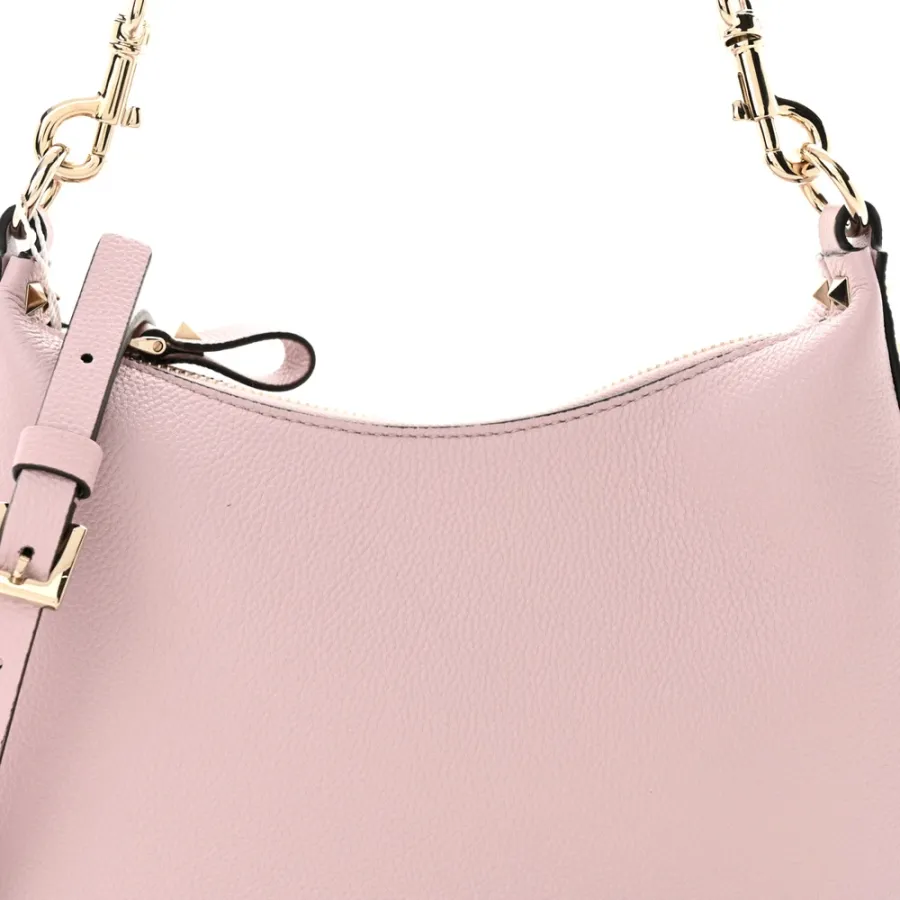 Valentino Garavani Small Rockstud Hobo Bag Water Lilac Grained Calfskin Leather Gold Hardware