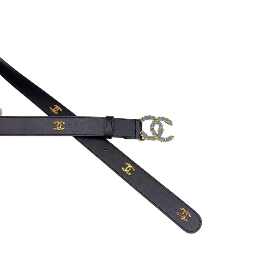 Chanel Women's CC Belt In Black/White Calfskin With Gold Hardware 30mm