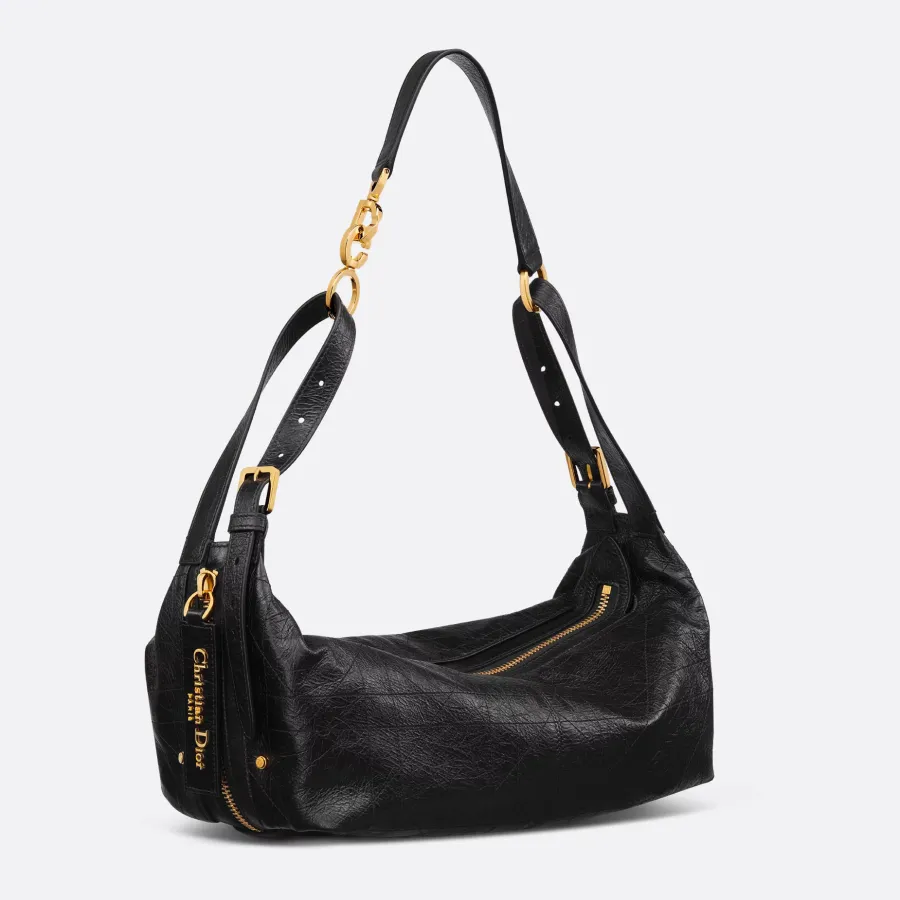 Dior Medium D-Journey Bag in Black Crinkled Calfskin Gold Hardware