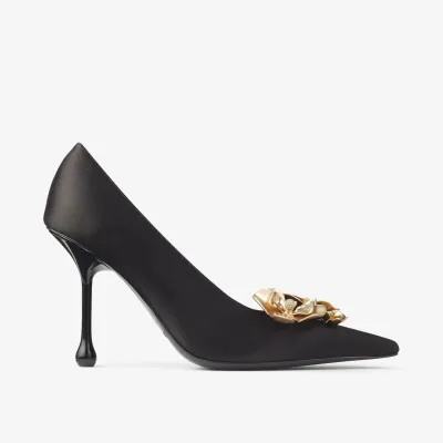 JIMMY CHOO Black satin floral embellished heels