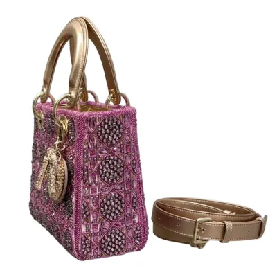 Dior Small Lady Dior Bag Metallic/Blue/Grey Lambskin and Rose des Vents/Dark Blue/Light Grey Satin Embroidered with Beads Gold Hardware