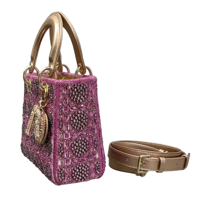 Dior Small Lady Dior Bag Metallic/Blue/Grey Lambskin and Rose des Vents/Dark Blue/Light Grey Satin Embroidered with Beads Gold Hardware