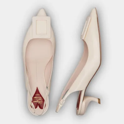 Roger Vivier Virgule Slingback Pumps High Heels In White Patent Leather With Lacquered Metal Buckle (Heel Height 5.5cm)