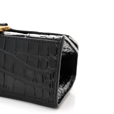 Balenciaga XS Hourglass Top Handle Bag Black Crocodile Embossed Shiny Calfskin Leather Gold Hardware