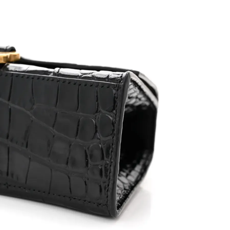 Balenciaga XS Hourglass Top Handle Bag Black Crocodile Embossed Shiny Calfskin Leather Gold Hardware