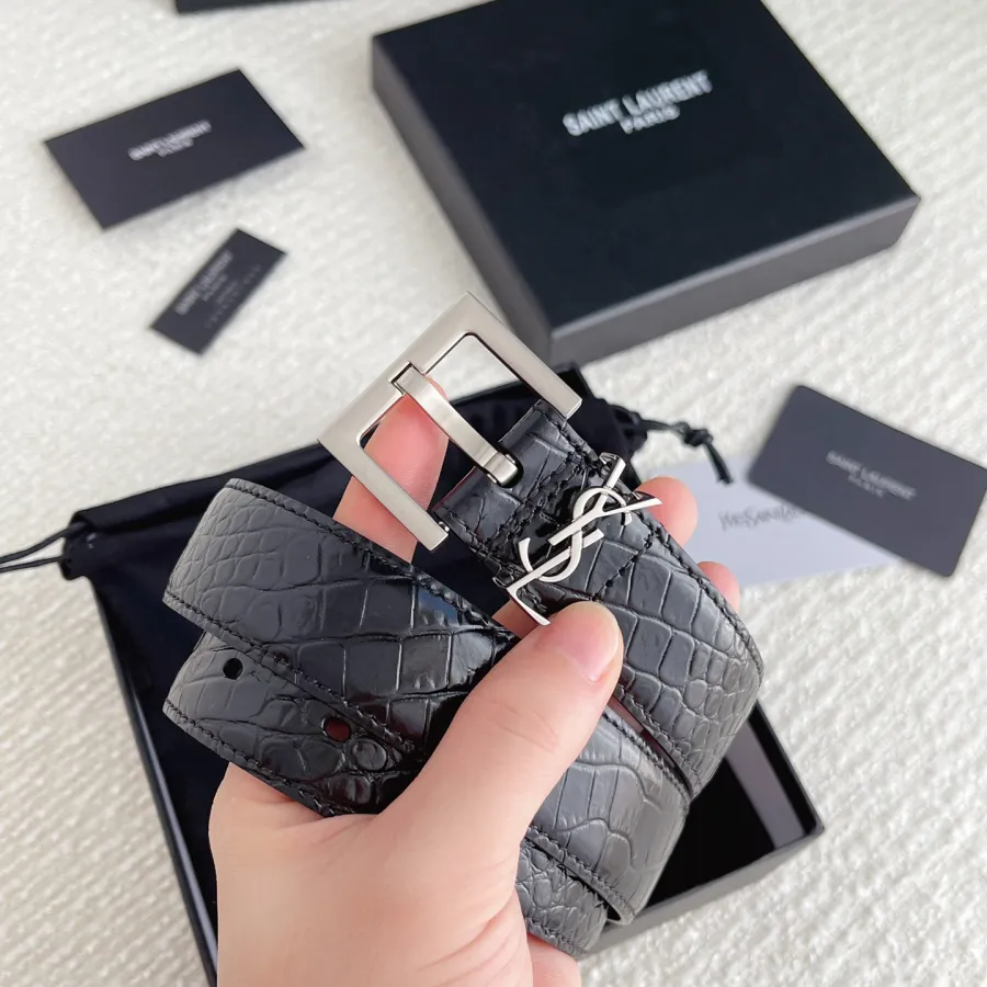 Saint Laurent Cassandre Belt In Black Crocodile-Embossed Calfskin With Gold/Silver/Black Hardware 30mm