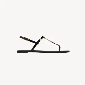 Yves Saint Laurent YSL logo patent leather black flat sandals