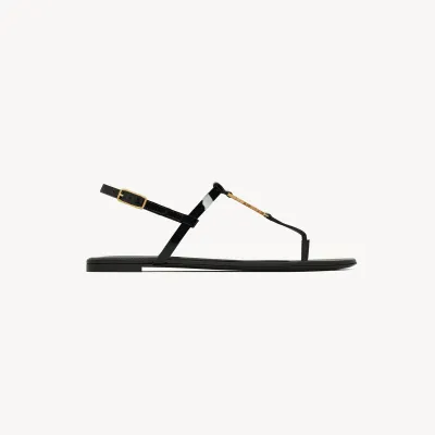 Yves Saint Laurent YSL logo patent leather black flat sandals