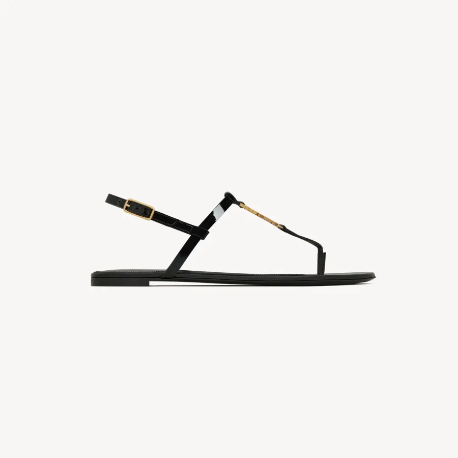 Yves Saint Laurent YSL logo patent leather black flat sandals
