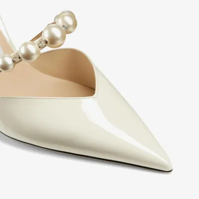 JIMMY CHOO Pearl embellished latte-colored lacquered leather pointed high heels