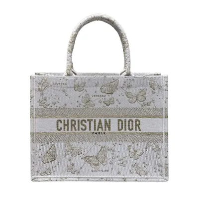 Dior Medium Dior Book Tote Gold-Tone and White Butterfly Zodiac Embroidery