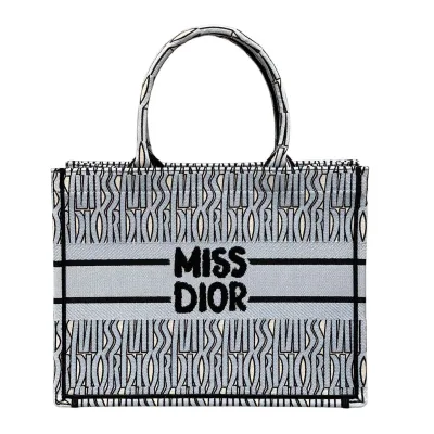 Dior Medium Dior Book Tote In White And Beige/Pink/Blue Miss Dior Allover Embroidered Canvas