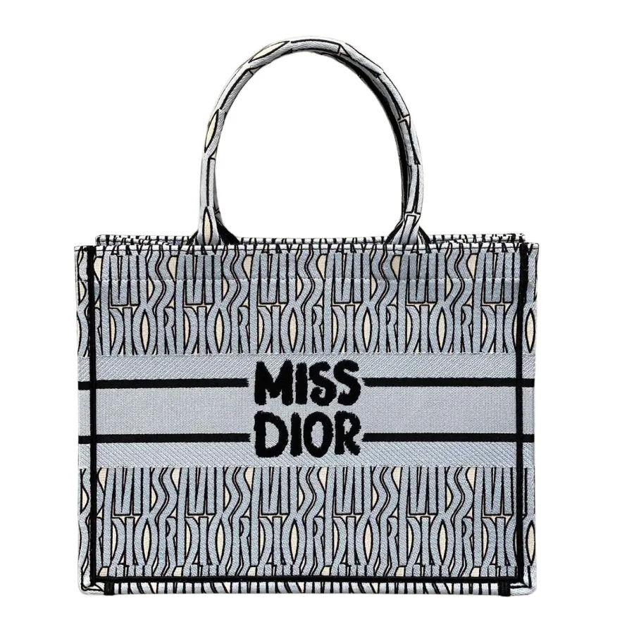 Dior Medium Dior Book Tote In White And Beige/Pink/Blue Miss Dior Allover Embroidered Canvas