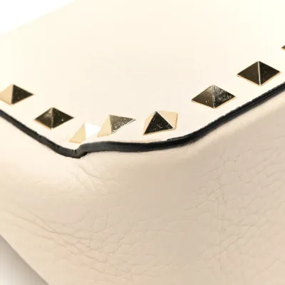 Valentino Garavani Small Rockstud Flip Lock Shoulder Bag Light Ivory Pebbled Calfskin Leather Light Gold Hardware