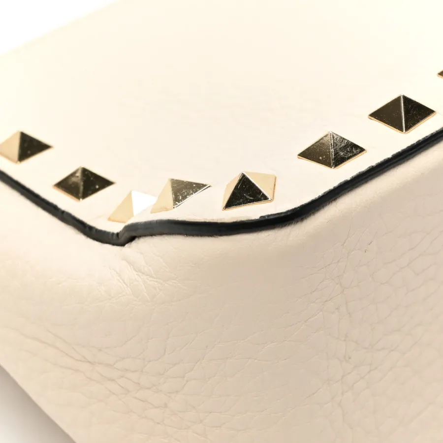 Valentino Garavani Small Rockstud Flip Lock Shoulder Bag Light Ivory Pebbled Calfskin Leather Light Gold Hardware