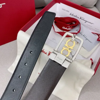 Ferragamo Men's Square Buckle Belt In Black/Coffee Grained Calfskin With Gold/Silver Hardware 35mm