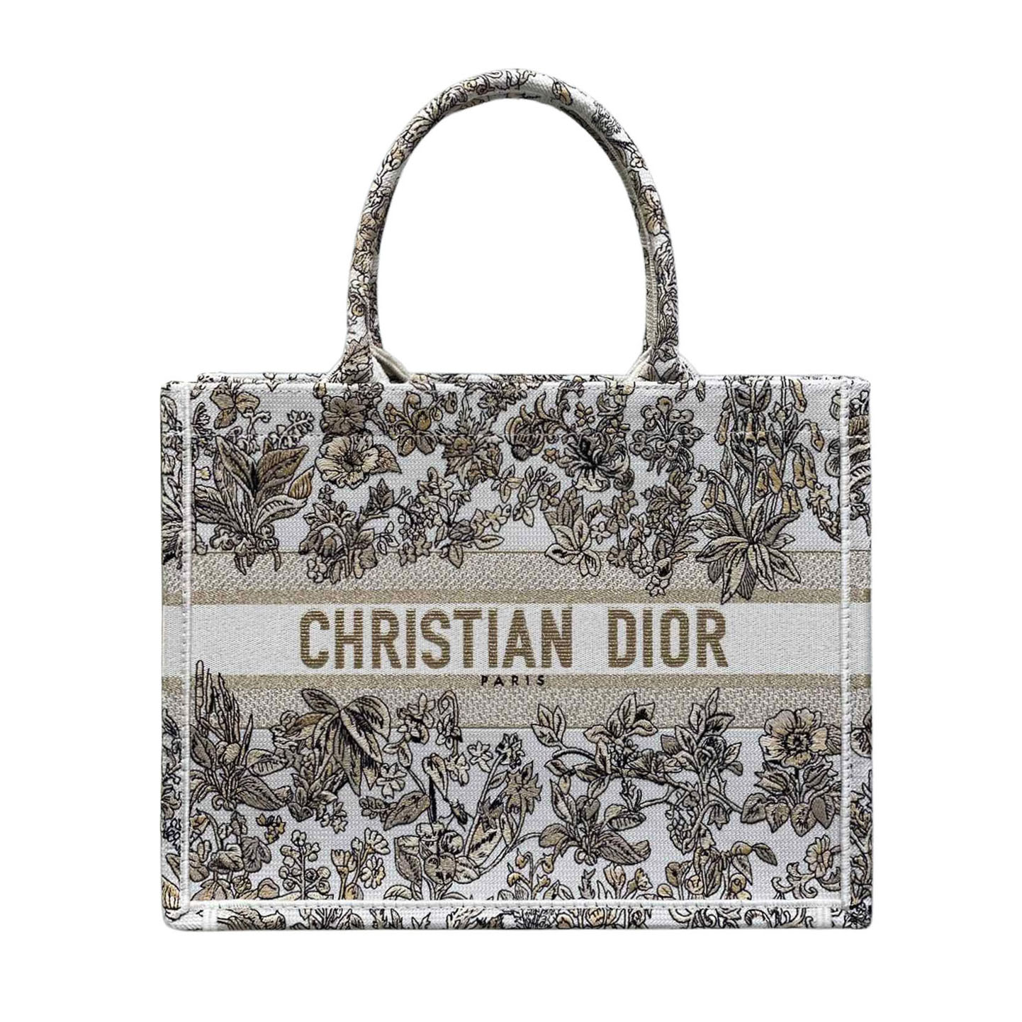 Dior Medium Book Tote Branco Bordado com Fio Metálico e Motivo Unicórnio Millefiori Dourado