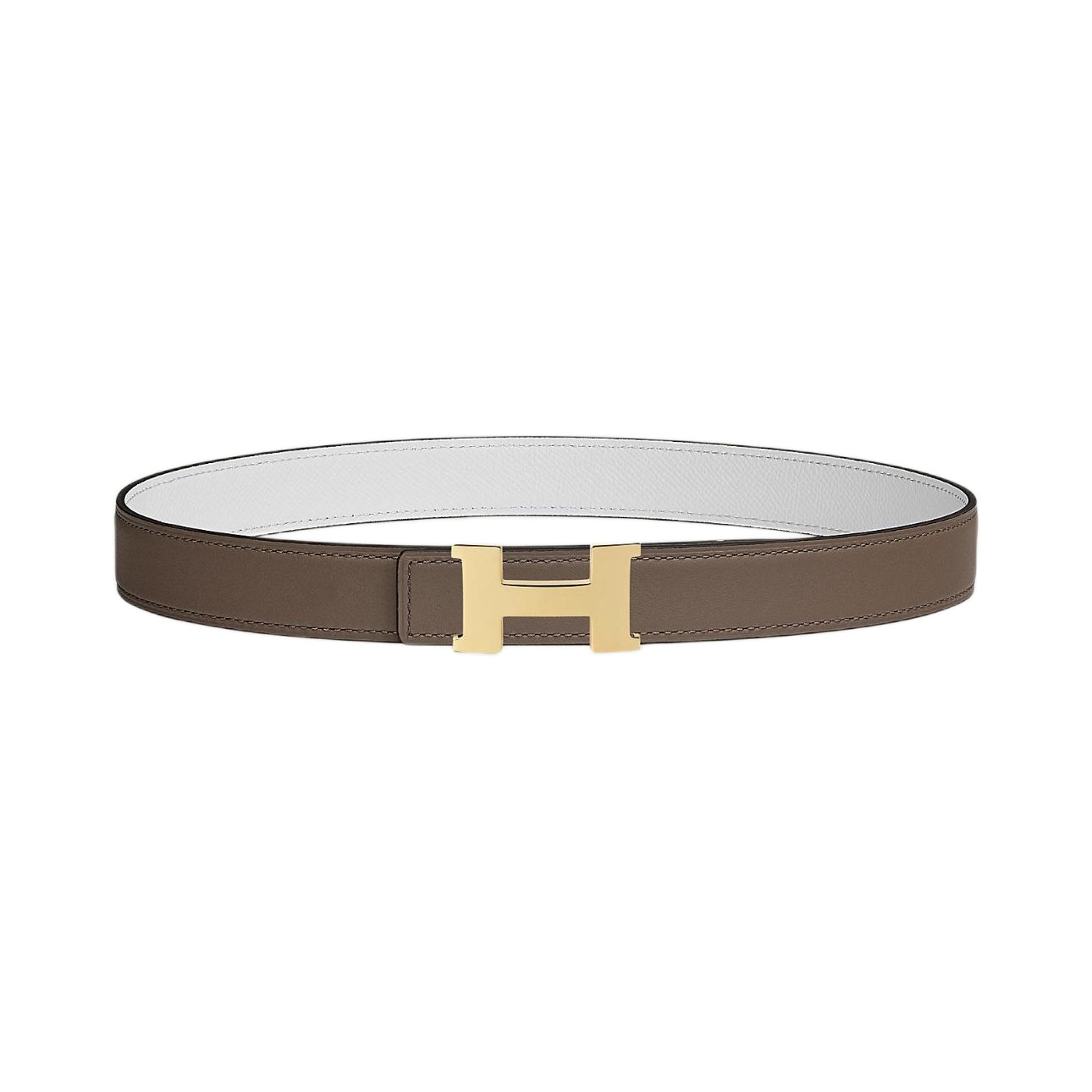 Cinto Reversível Mini Constance Buckle Feminino Hermès em Couro Bezerro Branco/Preto/Laranja/Etoupe com Ferragens Douradas/Prateadas 24mm