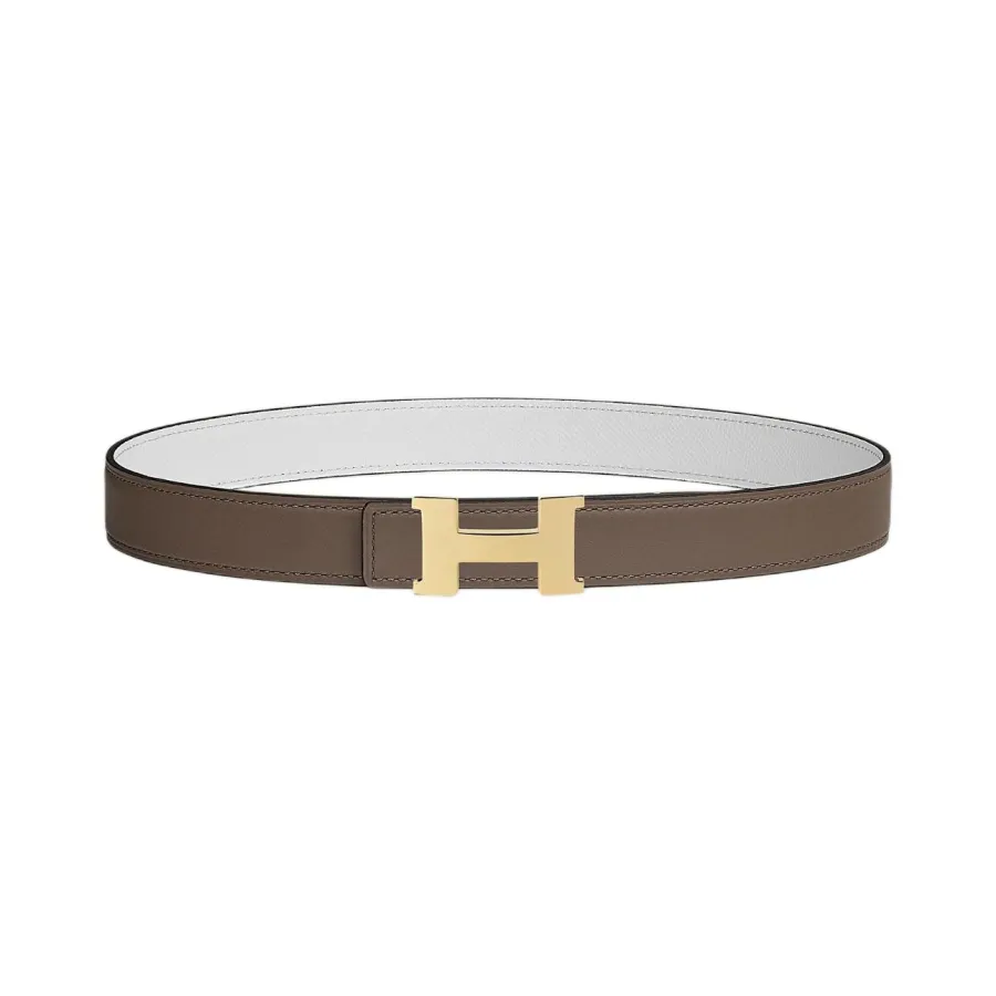 Hermès Women' s Mini Constance Buckle Reversible Belt In White/Black/Orange/Etoupe Calfskin With Gold/Silver Hardware 24mm