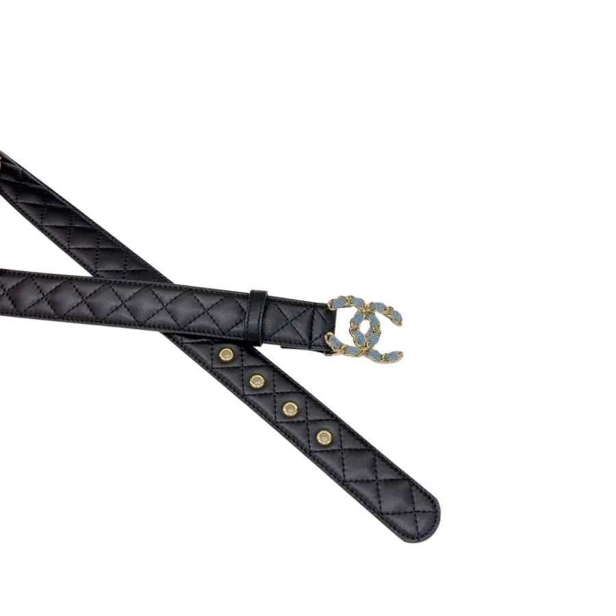 Chanel Women's CC Belt In Black Lambskin With Gold/Silver Hardware 30mm