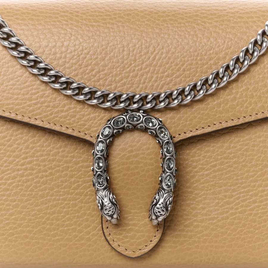 Gucci Mini Crystal Dionysus Chain Wallet Natural Tan / Black Diamond & Dollar Calfskin Leather Silver Hardware