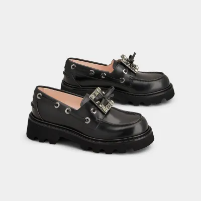 Roger Vivier Viv' Rangers Truck Boat Shoes Loafers In Black Leather With Crystal Buckle (Heel Height 4.5cm)