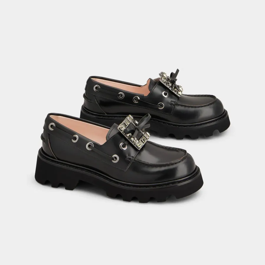 Roger Vivier Viv' Rangers Truck Boat Shoes Loafers In Black Leather With Crystal Buckle (Heel Height 4.5cm)