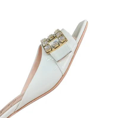 Roger Vivier Très Vivier Mules High Heels In White/Black Patent Leather With Crystal Buckle (Heel Height 3.5cm)