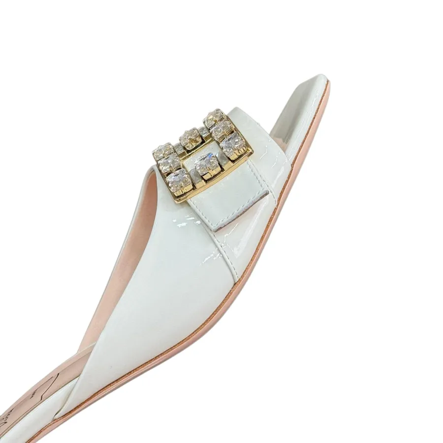 Roger Vivier Très Vivier Mules High Heels In White/Black Patent Leather With Crystal Buckle (Heel Height 3.5cm)