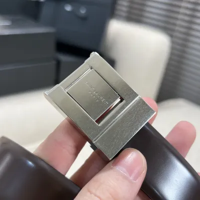 Saint Laurent LA 76 Belt In Burgundy/Black Smooth Calfskin With Gold/Silver Hardware 30mm