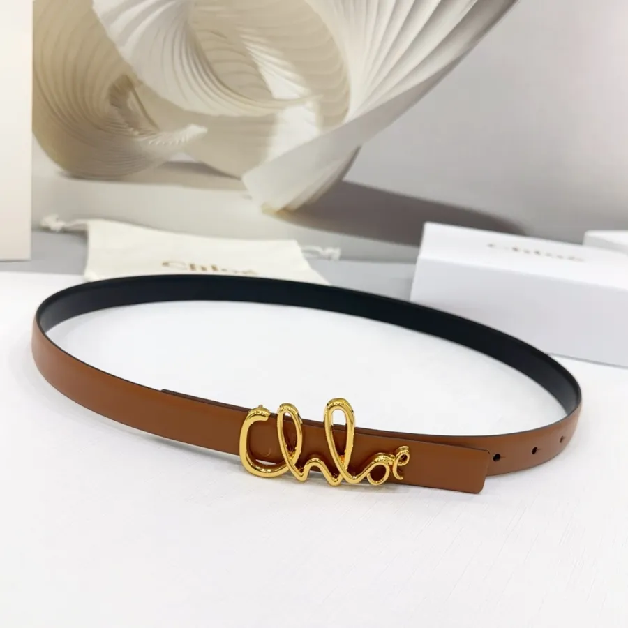 Chloe Logo Buckle Belt In Gold/Khaki/Brown/Red/Pink Calfskin With Gold Hardware 20mm