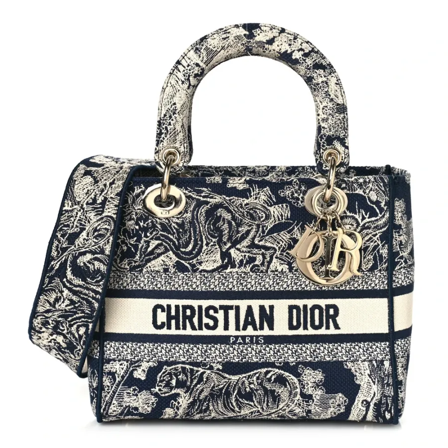 Dior Medium Toile De Jouy Lady D-Lite Blue Embroidered Canvas Gold Hardware