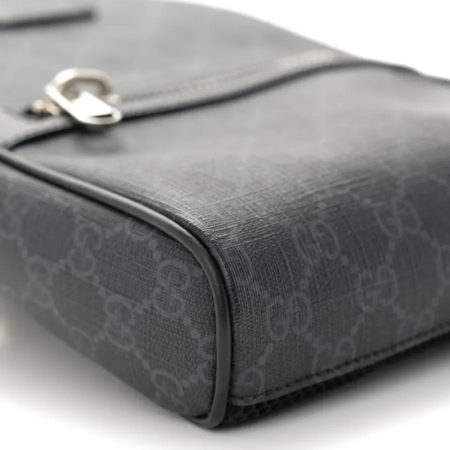 Gucci Medium Sling Backpack Black/Grey GG Supreme Monogram Canvas & Calfskin Leather Silver Hardware