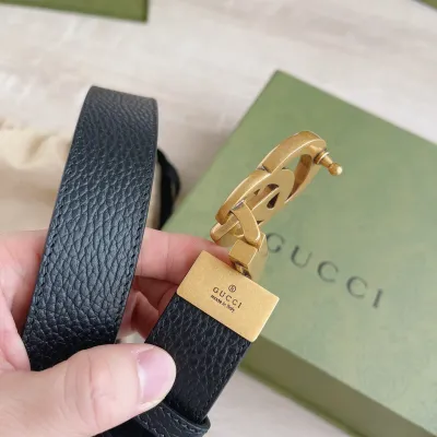 Gucci Women's Double G Buckle Belt In Black Grained Calfskin With Gold Hardware 30mm