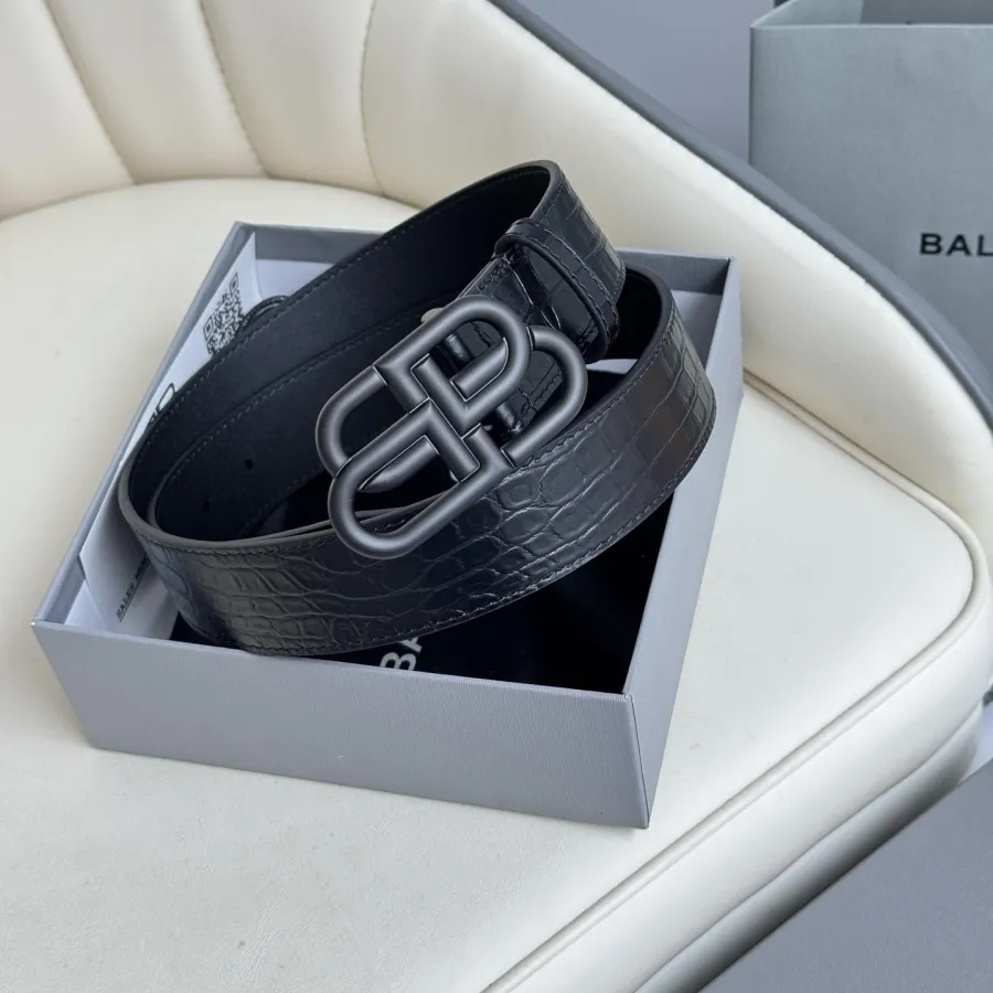 Balenciaga Men's New BB Palladium Buckle Belt In Black Embossed Crocodile Calfskin With Silver/Gold/Matte Black Hardware 35mm