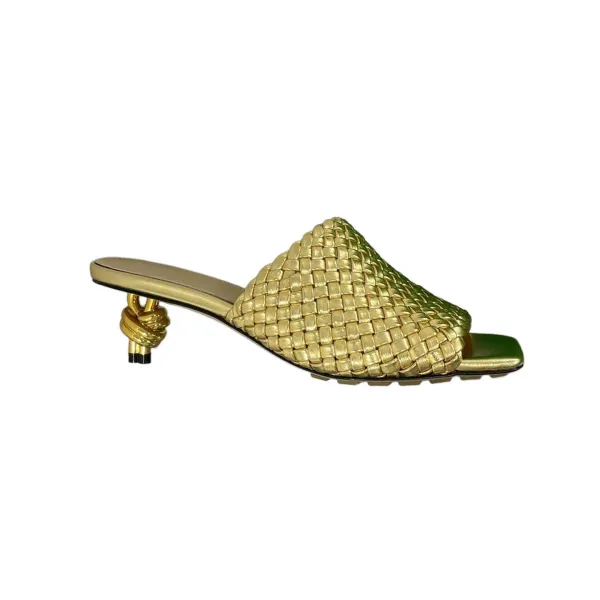 Bottega Veneta Knot Mule In Gold Intrecciato Leather Mule With Signature Metal Knot Heel (Heel Height 4.5cm)