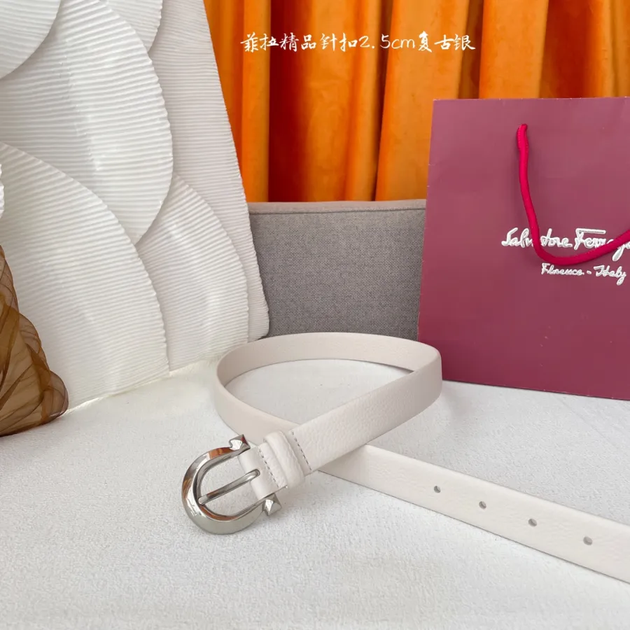 Ferragamo Women's Fixed Gancini Belt In White/Black/Brown Calfskin With Gold/Silver Hardware 25mm