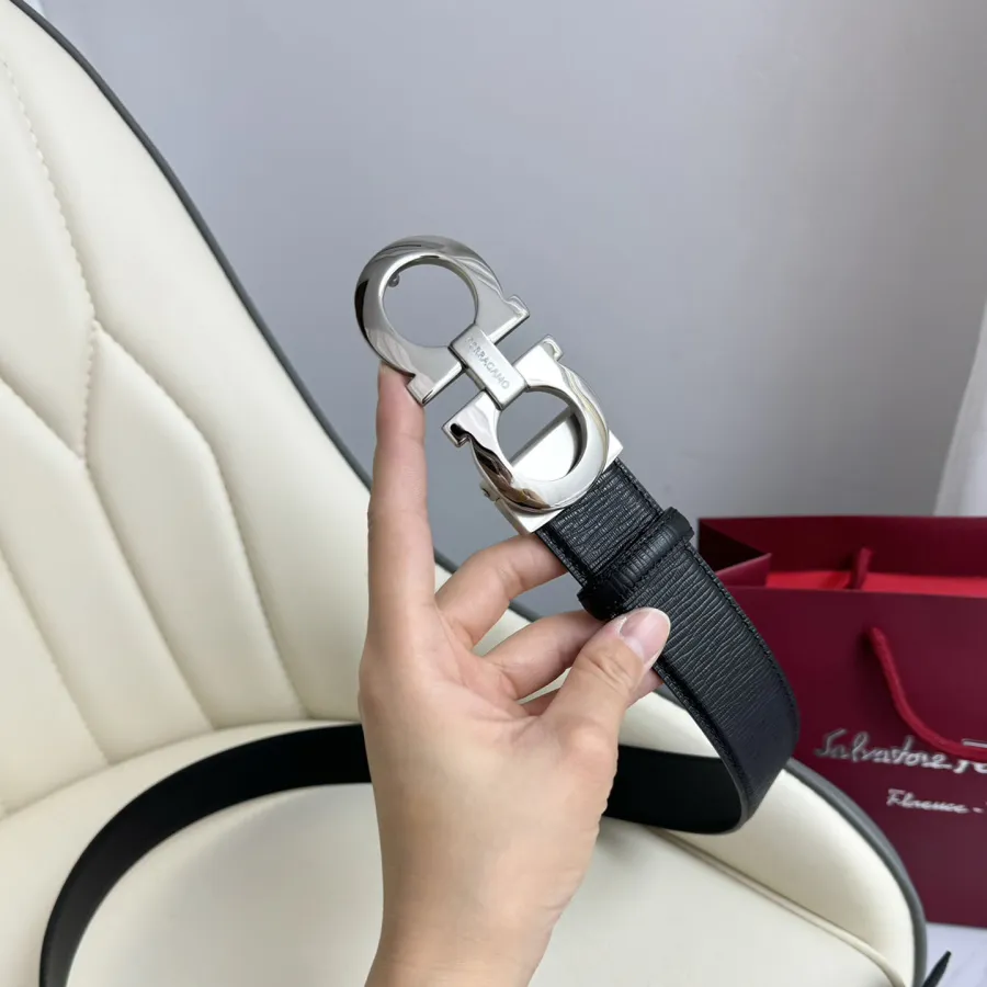 Ferragamo Men's Double Gancini Buckle Reversible Belt In Black Calfskin With Gold/Silver/Black Hardware 35mm