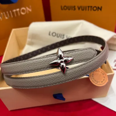 Louis Vuitton Women's Mini Flowergram Reversible Belt In Grey Calfskin And Monogram Canvas With Gold/Silver/Pink/Black Hardware 15mm