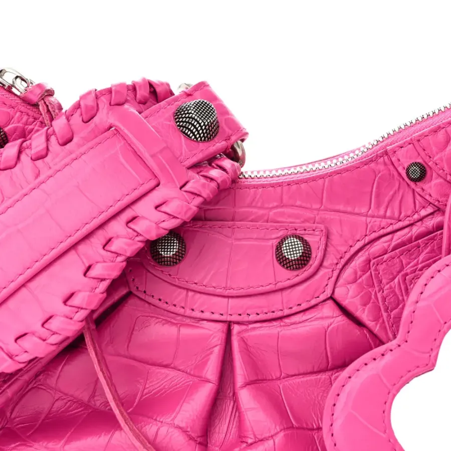 Balenciaga XS Le Cagole Shoulder Bag Lipstick Pink Crocodile Extra Embossed Supple Calfskin Leather Silver Hardware