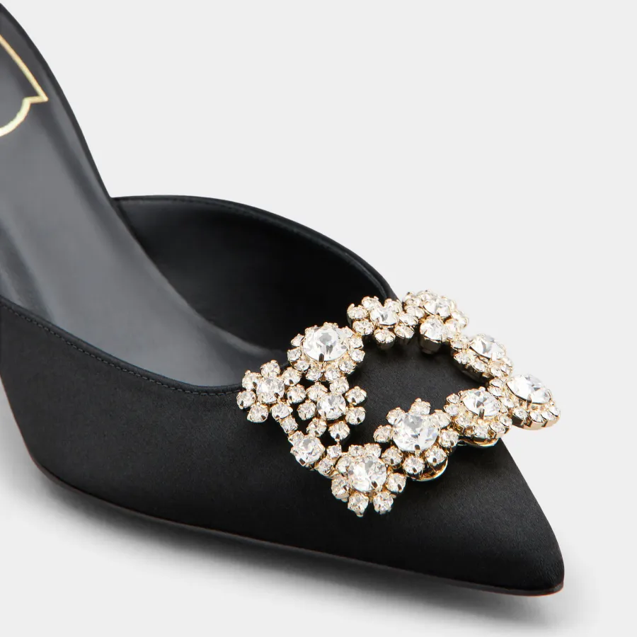 Roger Vivier Efflorescence Mules High Heels In Black Satin With Crystal Buckle (Heel Height 6.5cm)