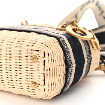 Dior Mini Lady Dior Wicker & Blue Oblique Canvas Gold Hardware