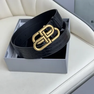 Balenciaga Men's New BB Palladium Buckle Belt In Black Embossed Crocodile Calfskin With Silver/Gold/Matte Black Hardware 35mm