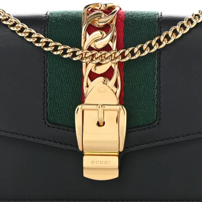 Gucci Super Mini Sylvie Chain Shoulder Bag Black Calfskin Leather Gold Hardware