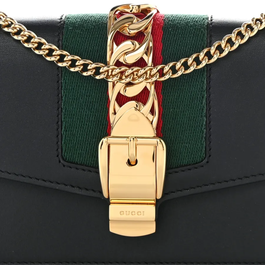 Gucci Super Mini Sylvie Chain Shoulder Bag Black Calfskin Leather Gold Hardware