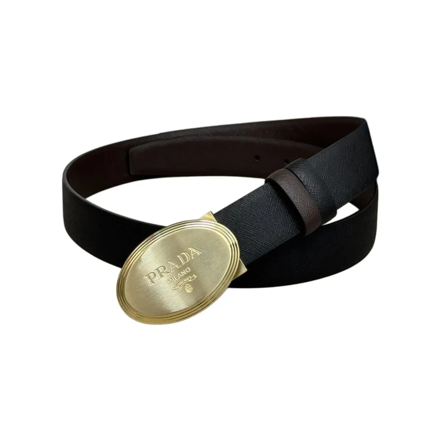 Prada Men' s Oval Buckle Belt In Black/Brown/Burgundy/Grey Saffiano Calfskin With Gold/Silver Hardware 34mm