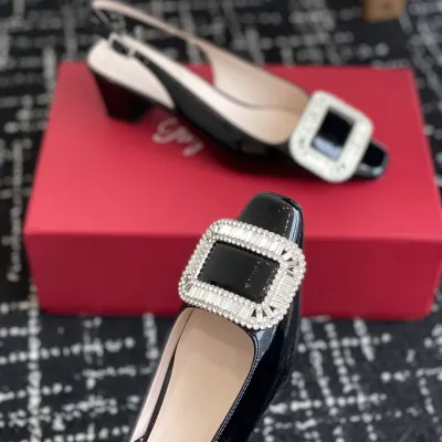 Roger Vivier Belle Viver Slingback Pumps High Heels In Black Patent Leather With Crystal Buckle (Heel Height 4.5cm)